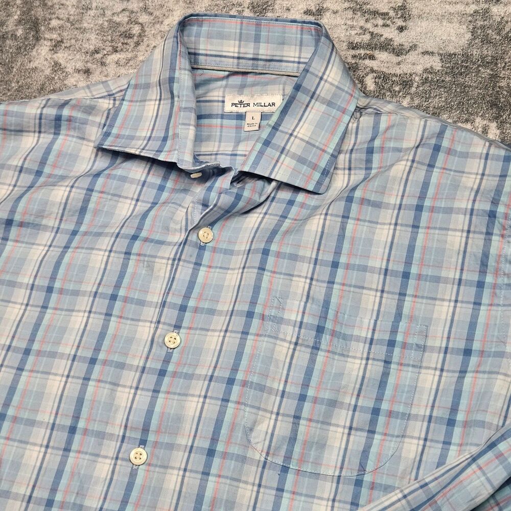 Peter Millar Silk Blend Mens Size Large Blue Plaid Cotton Button Down Shirt